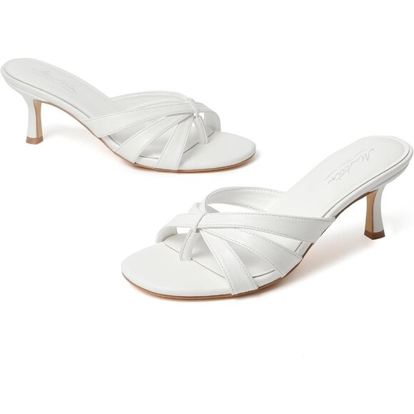 Women Strappy Kitten White Heels Open Toe Mules Thong Sandal for Party Wedding - Picture 3 of 9